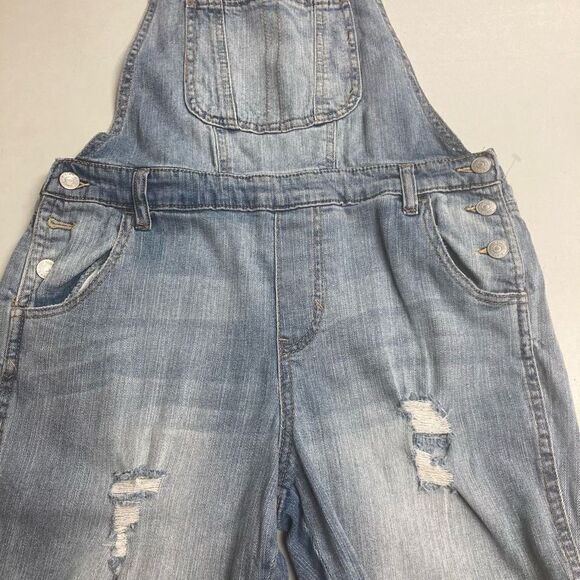 ALMOST FAMOUS Women’s ( Juniors) Blue Overalls Size 9 Inseam 26” Distressed - Picture 7 of 10